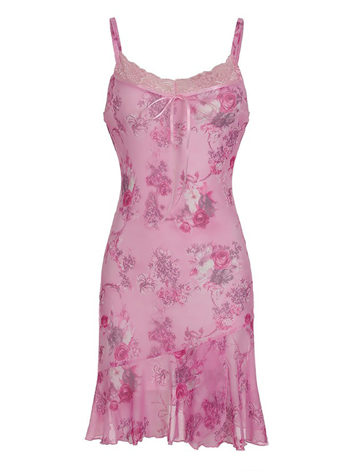 Aiertu  -Vintage Print Lace Trim Mesh V-Neck Cami Dress aiertu
