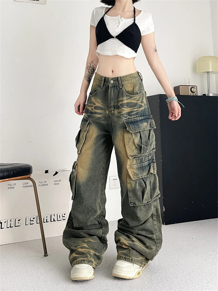 Aiertu  -  Women's Tie Dyed Patterns Multiple Pockets Unisex Jeans Street Summer Trousers Young Girl Street Bottoms Female Denim Pants Aiertu