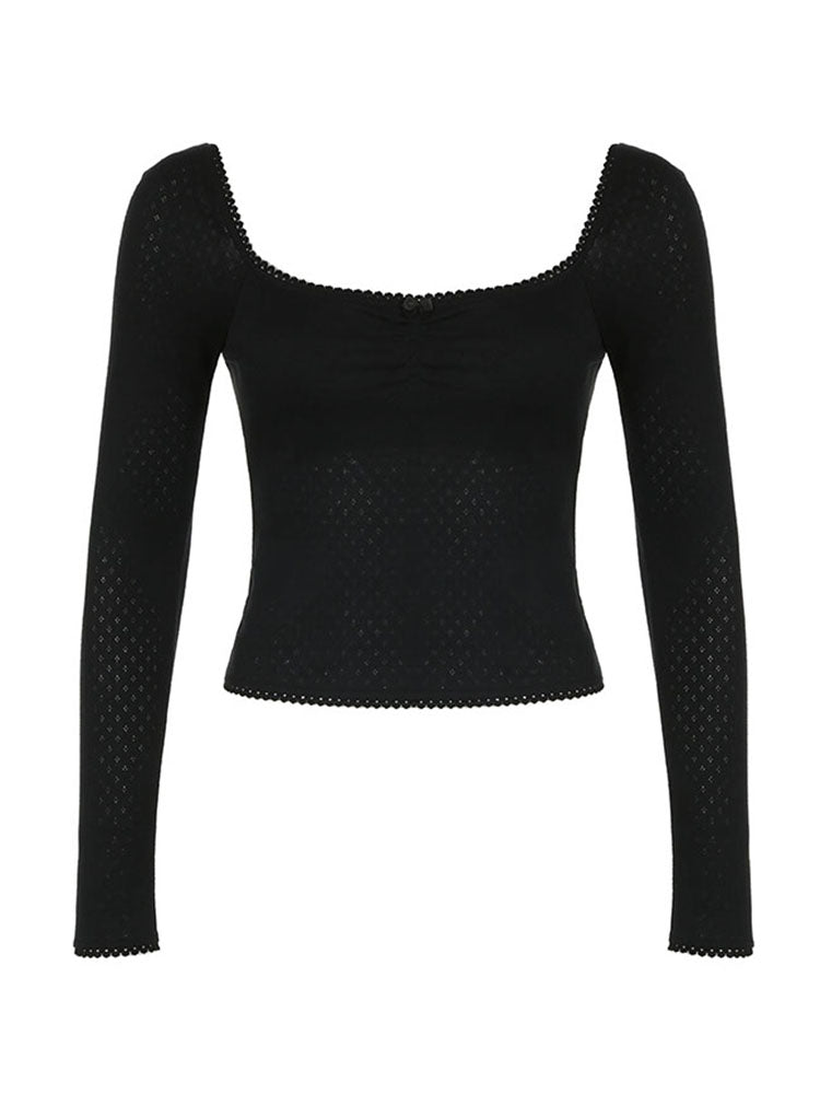 Aiertu - summer inspo Korean Fashion Shirring Bow Square Collar Slim Long Sleeve Black T Shirt Women White Solid Basic Cute Japanese Top Tee Aiertu
