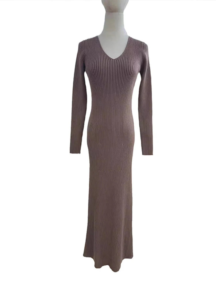 Aiertu  -  Women Knitted V-Neck Maxi Dress Slim Long Sleeve Ribbed Sexy High Waist Party Dresses Elegant Lady Solid Long Skirt 2026 Autumn Aiertu