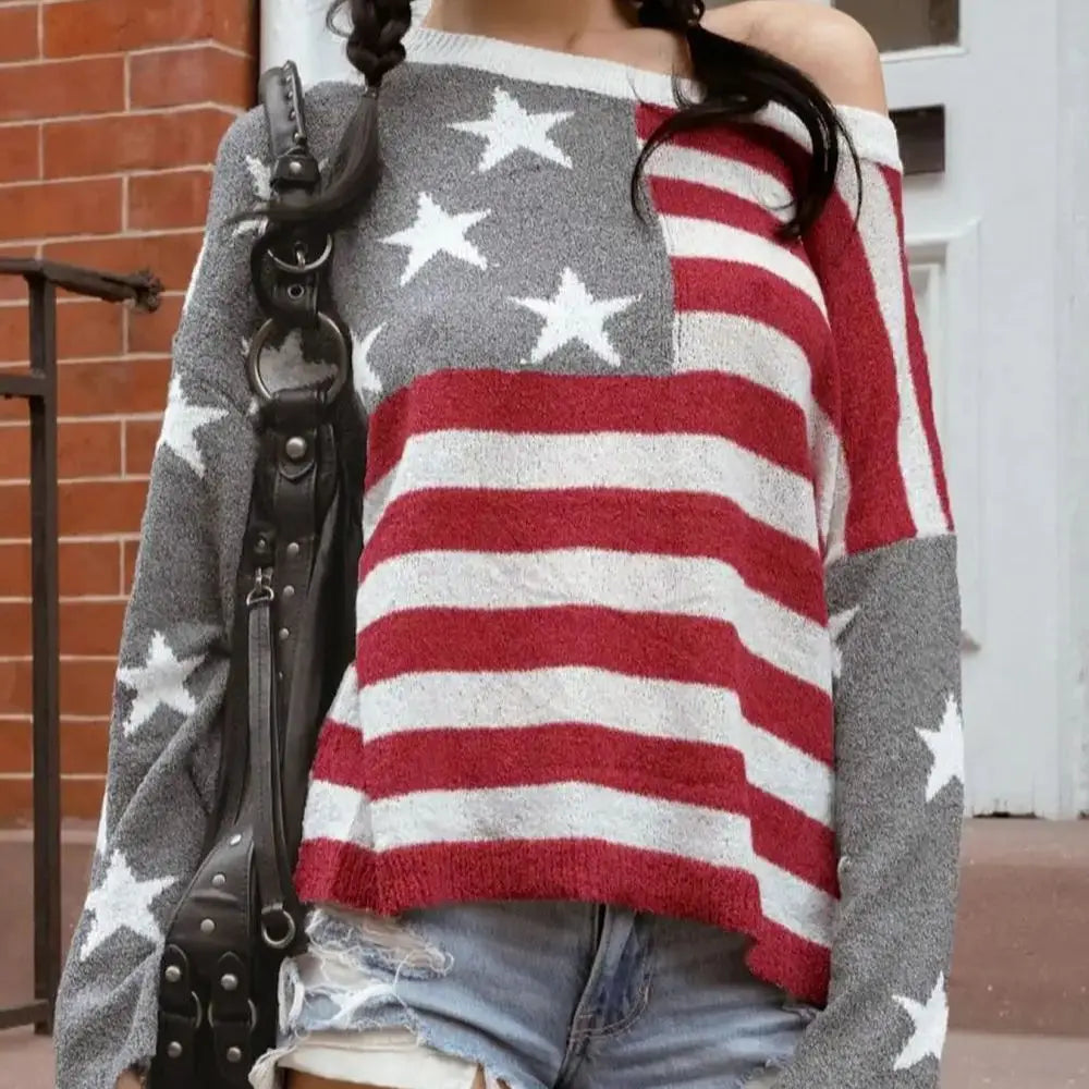 Aiertu  -  Knitted Sweater Y2k Aesthetic Retro Contrast Color Pullover Loose Harajuku Slant Collar Casual Star Jacquard Sweater Aiertu