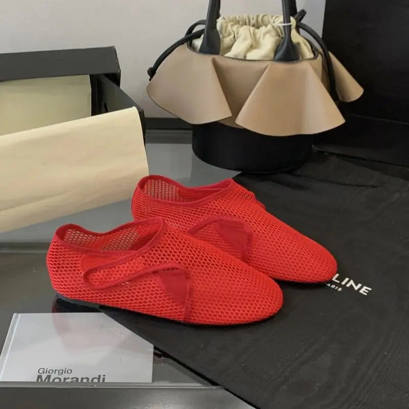 Aiertu    -  Red Ballet Flats Women Low Heel Pumps Summer Mesh Mary Jane Shoes Comfort Flat Shoes Black Round Toe Ladies Beach Aiertu