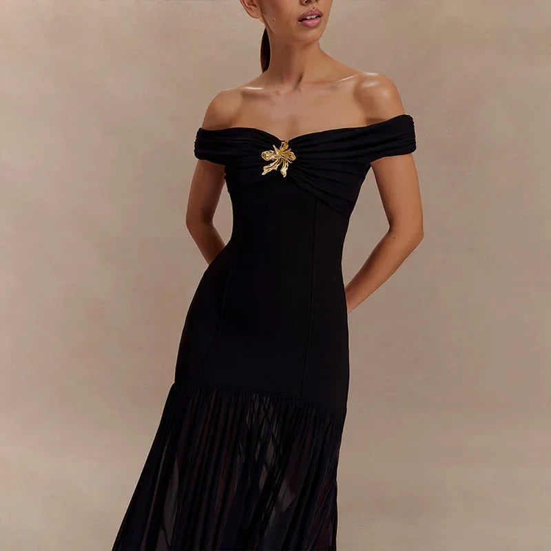 Aiertu  -  Elegant Slash Neck Pleated Mesh Patchwork Dress Women Fold Sleeveless Backless Chic Summer 2025 Robe Slim Sexy Party Dresses Aiertu