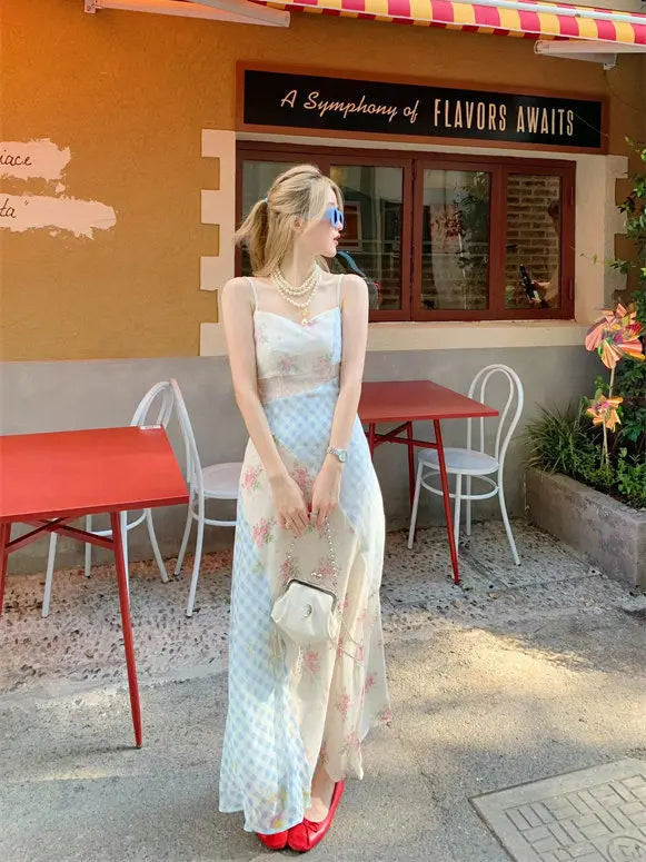 Aiertu  -  Summer Women Long Dress Sleeveless Patchwork Floral Gingham Spaghetti Strap Elegant Slim Maxi Dress Casual Vacation Beachwear Aiertu