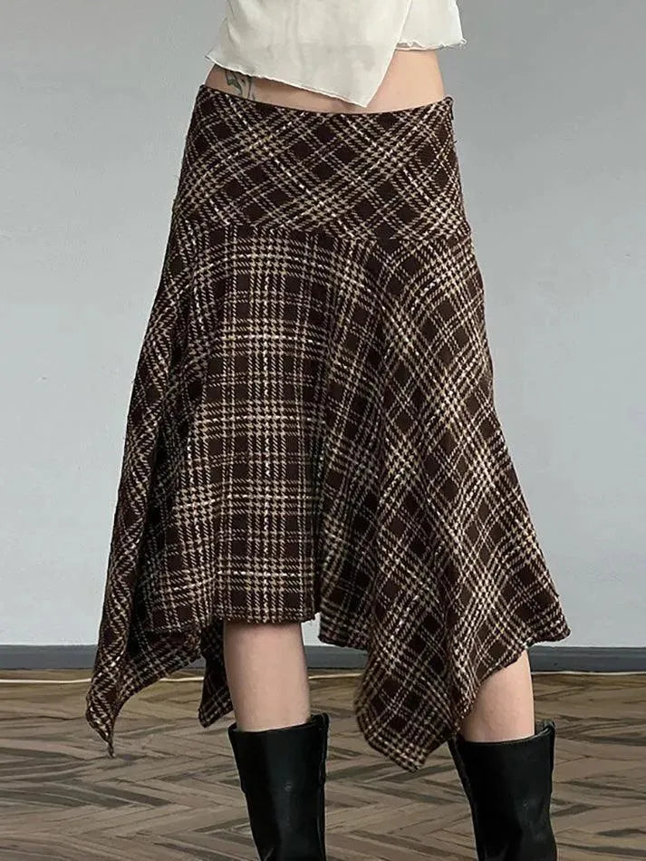 Aiertu  -Vintage Plaid Contrast High-Waisted Asymmetrical Skirt aiertu