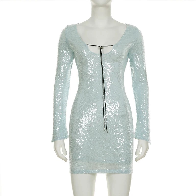 Aiertu  -  Clubwear Sexy Sparkle Glitter Sequined Bodycon Dress Party Dress Slim Solid Bandage Deep V-Neck Long Sleeve Mini Dresses Aiertu