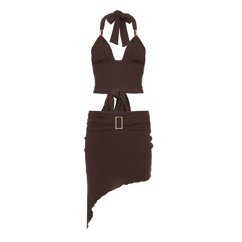 Aiertu  -  Sexy Holiday Style Two Pieces Set Women Summer Cropped Halter Top+Asymmetric Hem With Metal Ring Button Skirt Outfits Aiertu