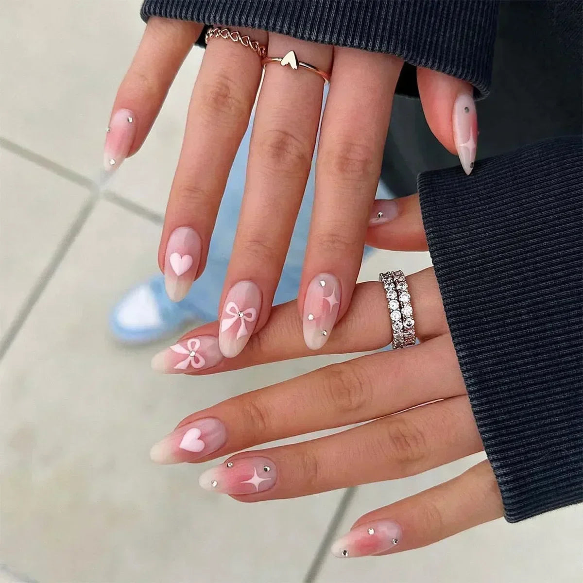 Aiertu 24Pcs Pink Almond French Press on Nails With 3D Bow ripple charms Design Fake Nails Ballerina False Nails Full Cover Nail Tips Aiertu