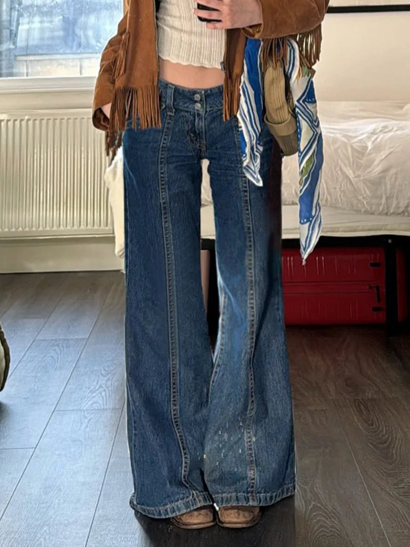 Aiertu  -  Blue Baggy Jeans Japanese 2000s Style Y2k Pants Downtown Girl Aesthetic Denim Flare Pants Streetwear Clothing P67-EZ55 Aiertu