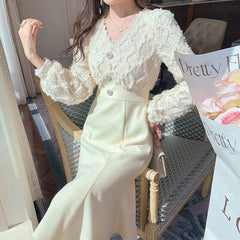 Aiertu Long White Dress Women French Vintage V-neck Lace Slim Y2K Dress Spring Korean One Piece Casual Evening Party Dress Aiertu