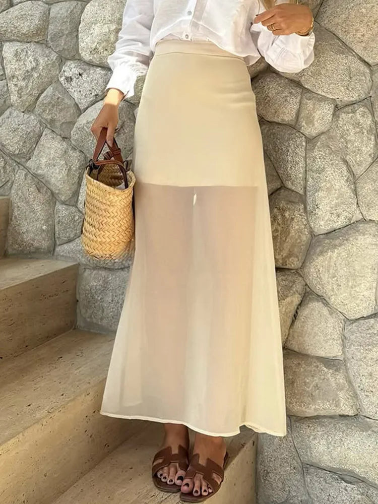 Aiertu  -  Autumn See Through Sexy Long Skirt Women Double-layer Mesh Elegant High Waist Patchwork Fashion Slim Female Long Skirt Aiertu