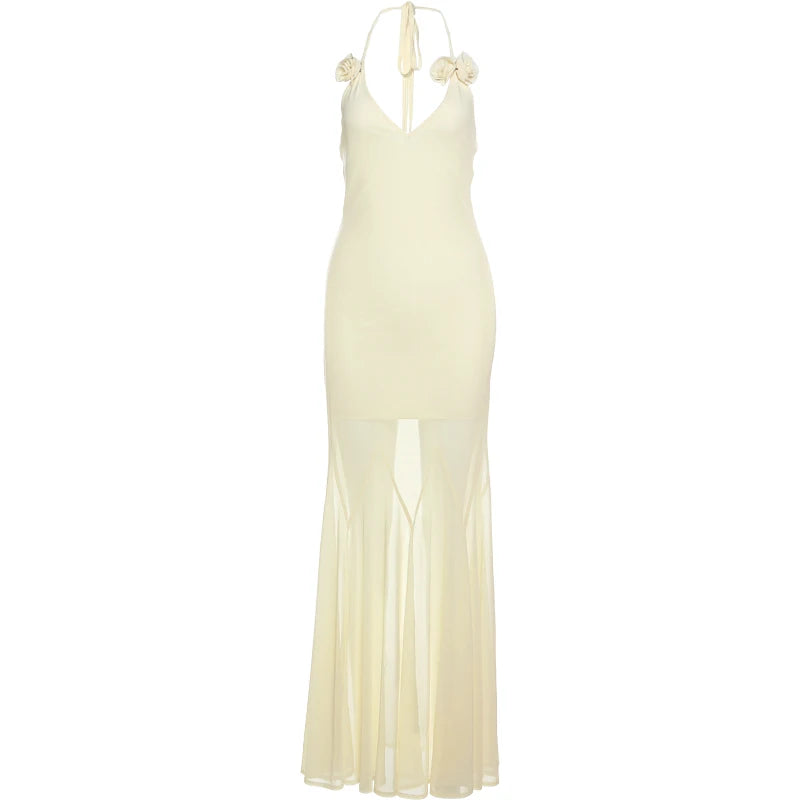 Aiertu  -  Elegant 3d Flower Maxi Dress Women Patchwork Low-Neck Halter Bandage Backless Sleeveless Vacation Summer Trend Vestidos Aiertu