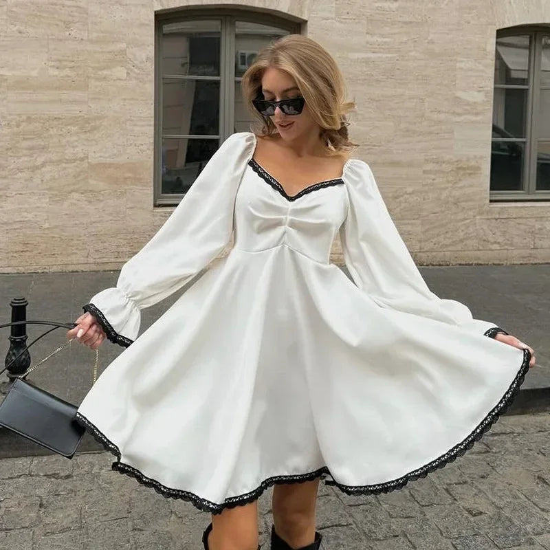 Aiertu       -  Lace Splice Big Hem Long Sleeve Dress Lady Eelgant Contrast Color Square Collar Fashion Club Party Dress Loose High Waist Aiertu
