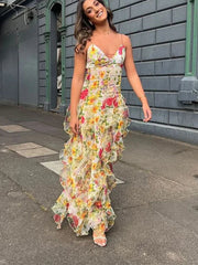 Aiertu  -  Printed Multi-layer Ruffled Split Long Dress Women's High Waist Backless Slim Zipper Sling Dresses 2026 Summer Holiday Sexy Robe Aiertu