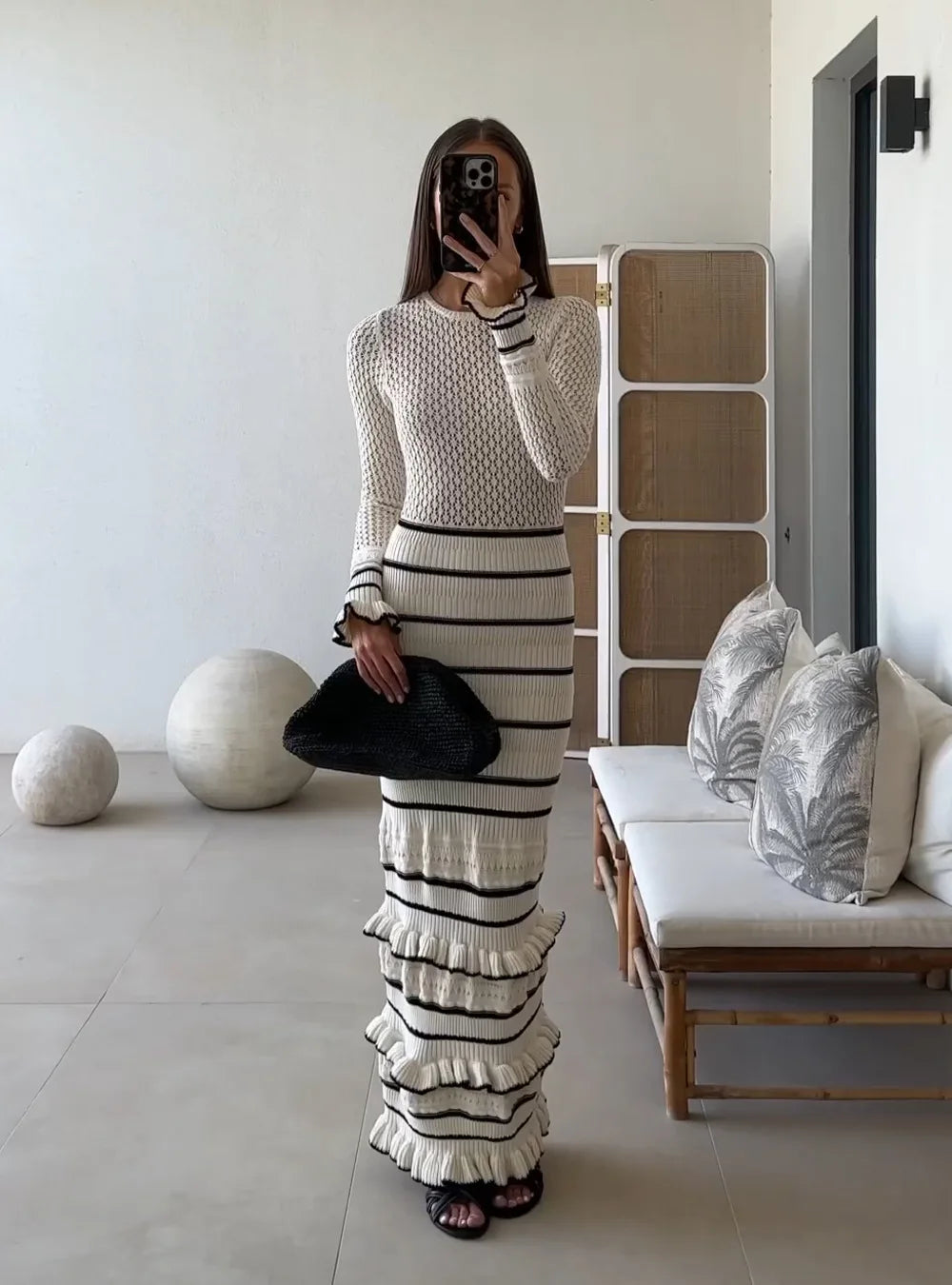 Aiertu  -  Women's Ruffle Edge Tight Knit Long Dresses Elegant O Neck Long Sleeve Maxi Dresses 2026 New Female Knitwear Street Robes Aiertu
