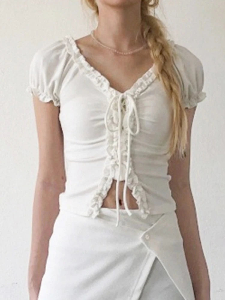 Aiertu  Women Y2k Aesthetic Ruffled Bandage T-shirt Summer Harajuku Fairy Vintage Slim Fit Tees Grunge Cropped Pleated Tops Streetwear Aiertu