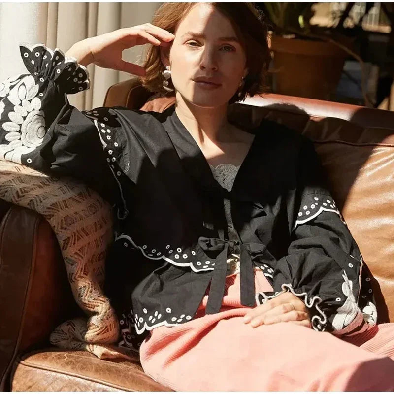 Aiertu  -  Casual Lace Up Women Embroidery Blouse V-neck Lantern Sleeve Blouse Wave Cut Eyelet Female Tops 2026 Spring Fashion Female Tops Aiertu