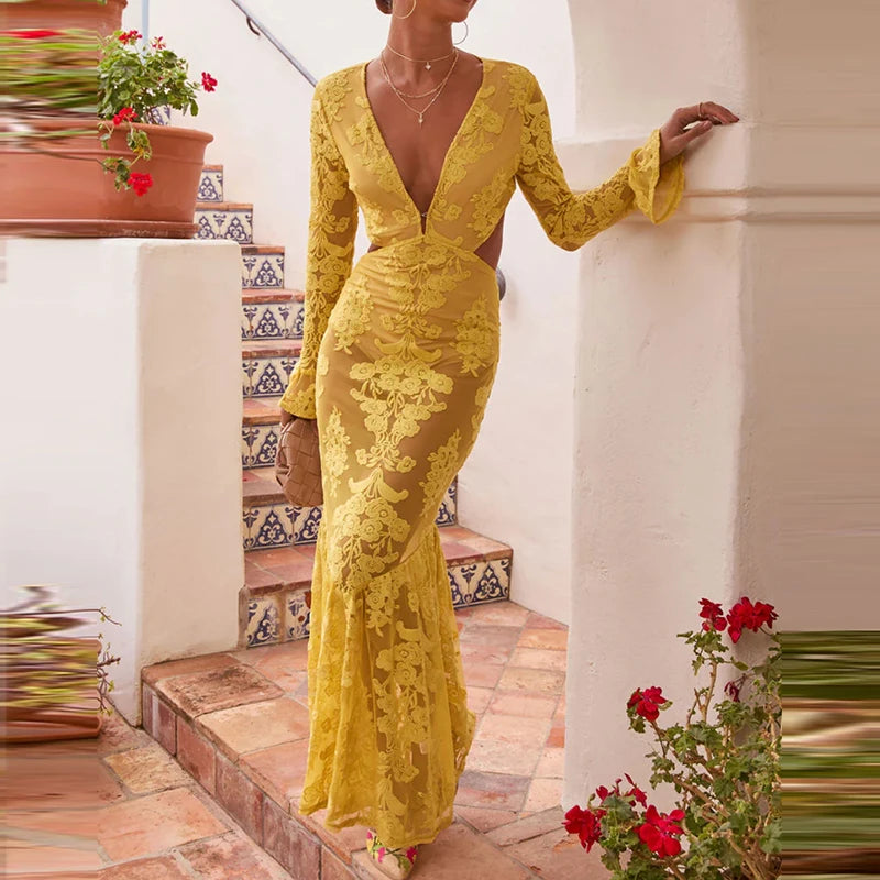 Aiertu  -  Elegant See-through Embroidery Party Dress Sexy V-neck Hollow Out Waist Slim Long Dress 2025 Fashion Hight Waist Evening Dress Aiertu