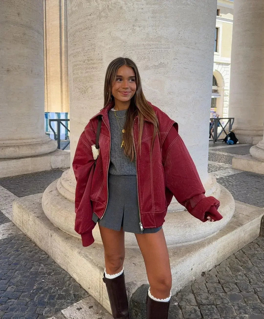 Aiertu  -  Chic Wine Red Leather Contrast Stitch Jacket Fashion Oversized Zipper Long Sleeve Women Coat 2026 Autumn Casual Office Outerwear Aiertu