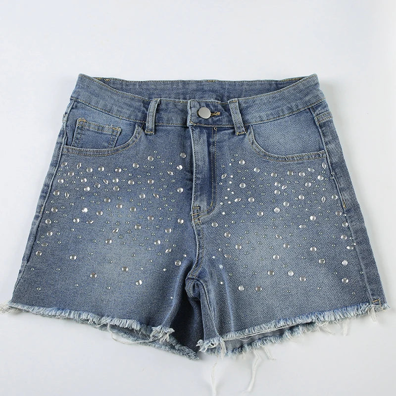 Aiertu  -  y2k Rhinestone Denim Shorts Summer Casual Low Rise Skinny Short Jeans for Women Streetwear All-match Shorts Harajuku 90s Aiertu
