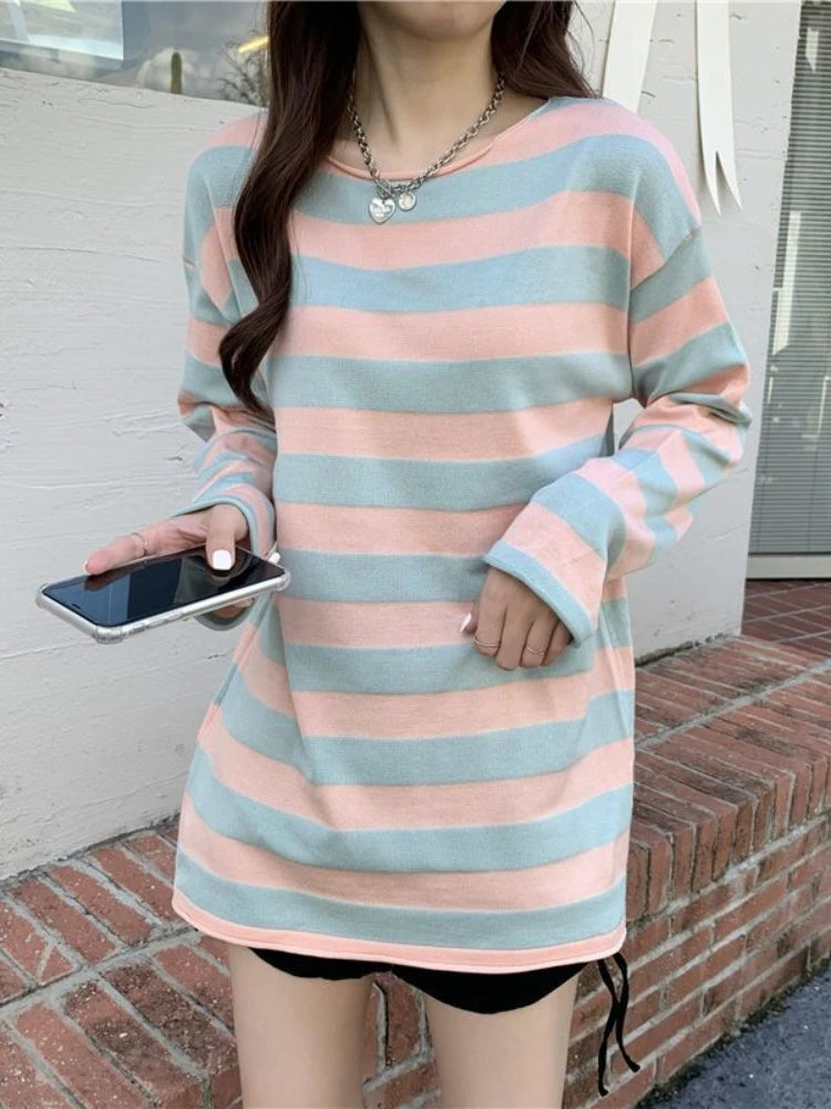 Aiertu  -  Casual Striped Sweater Women Sweet Preppy Style Long Sleeve Pullover Knitted Oversize Korean Fashion Tops Autumn Winter Aiertu