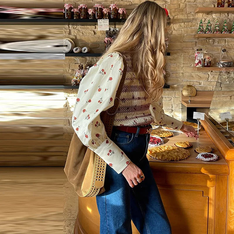 Aiertu  -  Print Pleated Women Shirt Bohemian Long Flare Sleeve Female Shirts 2025 Elegant O Neck Spring  A Line Patchwork Lady Blouse Aiertu