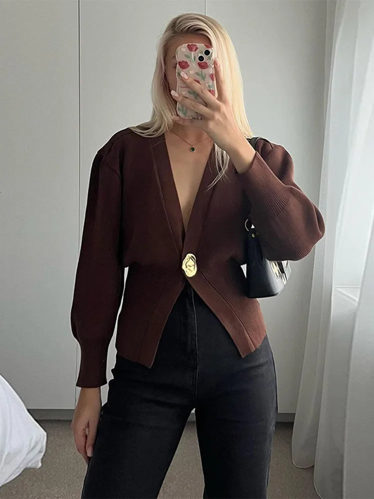 Aiertu  Elegant Brown One Button Knitted Cardigan For Women Solid V Neck Long Sleeve Loose Sweater Autumn Female High Streetwear Aiertu