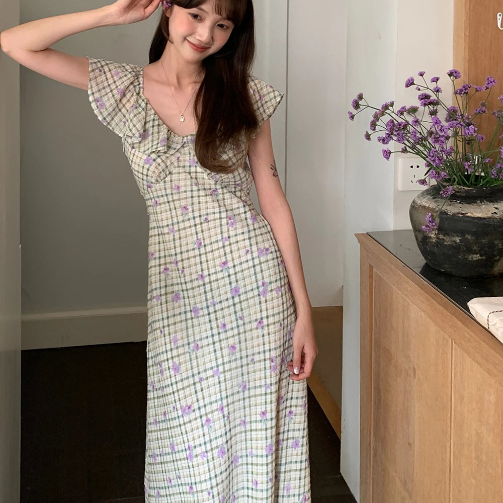 Aiertu  Sweet Long Floral Plaid Summer Chiffon Dress Women Sashes Flying Sleeve A-line Midi Sundress Female Woman Clothes 2025 Aiertu