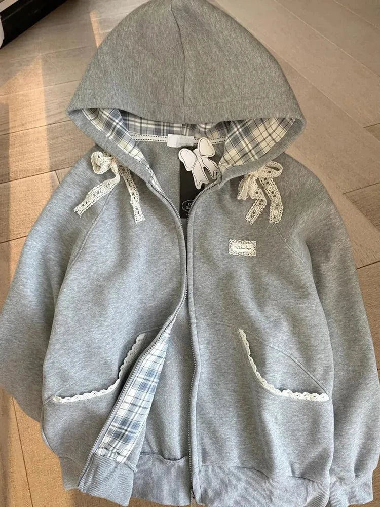 Aiertu  Lace Patchwork Hoodies Women Cute Bow Long Sleeve Sweatshirt Japan Preppy Style Sweet Loose Long Sleeve Female Gray Outwear Aiertu
