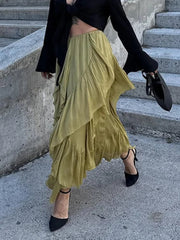 Aiertu  -  Irregular Multi-layer Ruffles Skirt Women Ribbon Pleated Elegant High Waist A-line Skirts 2025 Summer New Street Fold Lady Robe Aiertu
