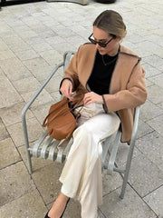 Aiertu  -  Women Fashion With Belt Wool Loose Coat Casual V Neck Long Sleeve Patchwork Overcoat 2026 Lady Autumn Winter Streetwear Coats Aiertu