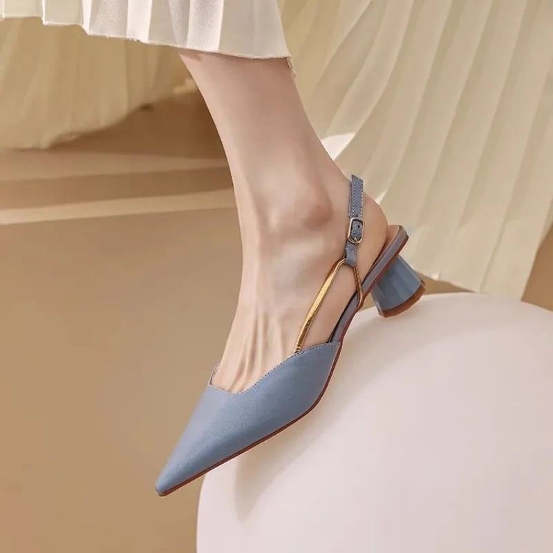 Aiertu  -  French Satin Style Sandals 2025 Spring Women New Baotou Mid Heel Design Luxury Pointed Versatile Single Shoes Aiertu