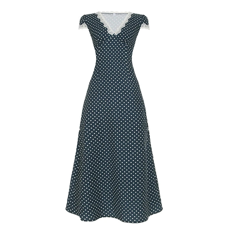 Aiertu  Fashion Dot Print Lace Trim V-Neck Women Elegant Dresses Summer Causal Design Trendy Frocks Aiertu