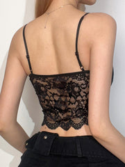 Aiertu - summer inspo Black See Through Sexy Asymmetrical Goth Lace Camisole Women Rave Baddie Outfits Crop Top Aiertu