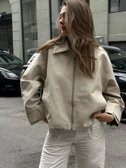 Aiertu  -  Autumn Fashion Leather Laple Zipper Jacket Women Elegant Long Sleeve Pocket Warm Loose Solid Coats 2026 Lady High Street Jackets Aiertu