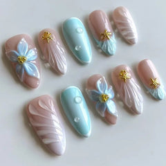 Aiertu  -  24pcs Blue Flower False Nails Reusable Almond Press on Nails with Starfish Design Fake Nail Finished for Women  Manicure Tips Aiertu
