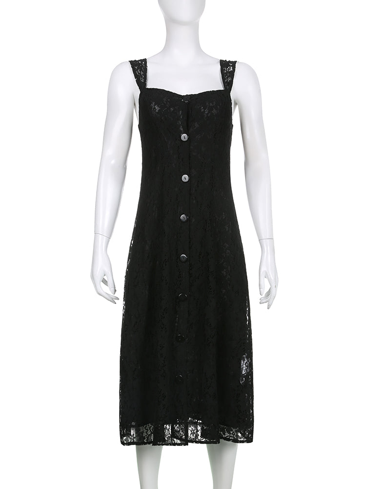 Aiertu - Lace Button Front Black Maxi Dress Aiertu
