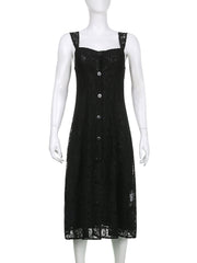 Aiertu - Lace Button Front Black Maxi Dress Aiertu