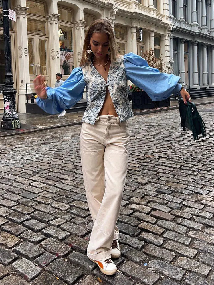 Aiertu  -  Chic V-neck Printed Patchwork Shirts Women Elegant Single Breasted Long Sleeve Blouse 2026 Casual Lady High Street Tops Aiertu