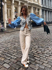 Aiertu  -  Chic V-neck Printed Patchwork Shirts Women Elegant Single Breasted Long Sleeve Blouse 2026 Casual Lady High Street Tops Aiertu
