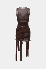 Aiertu  Sheer Mesh Wrap Tie Ribbon Mini Dress Aiertu