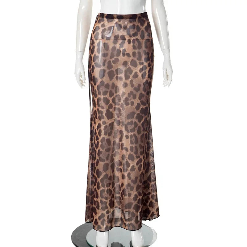 Aiertu       -  Mesh Stitching Leopard Sexy See-Through Long Skirt Female Animal Print Slim High Waist Skirts Hot Girl Fashion Streetwear Aiertu