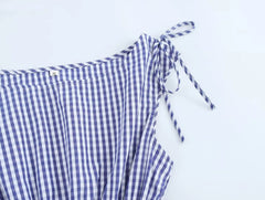Aiertu  -  3 colors Retro French Style Bow Shoulder Gingham Plaid Sleeveless Tanks Top Women Summer Ruched Elastic Slim Waist Girl Crop Tee Aiertu