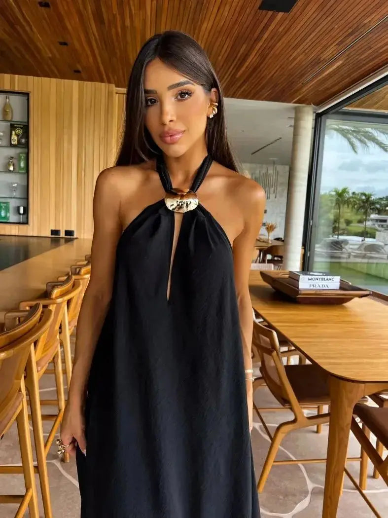 Aiertu  -  New Sexy Women Black Dresses Tassel Sleeveless Naked Waist Halter Dress Summer Party Evening Female Vestidos Aiertu