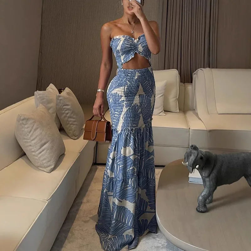 Aiertu  -  Chic  Hollow Out Printed Halter Long Dress Women Backless Off Shoulder Patchwork Ruffle Summer 2026 Dresses Party Vacation Robe Aiertu