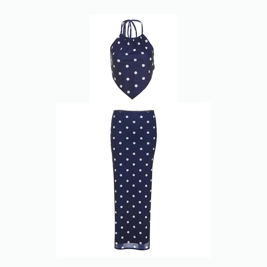 Aiertu  -  Sexy Polka Dot Print 2-Piece Set Women Halter Bandage Halter Backless Sleeveless Mini Tops+Straight Skirt Matching Suit Aiertu