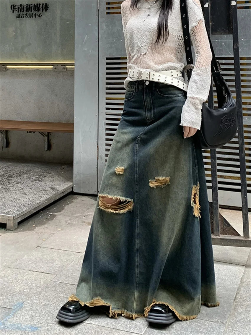Aiertu  -  Women A-Line Skirts Mopping Denim Chic Autumn Stylish Office Lady High Street Vintage Mopping Jeanswear Slim Aiertu