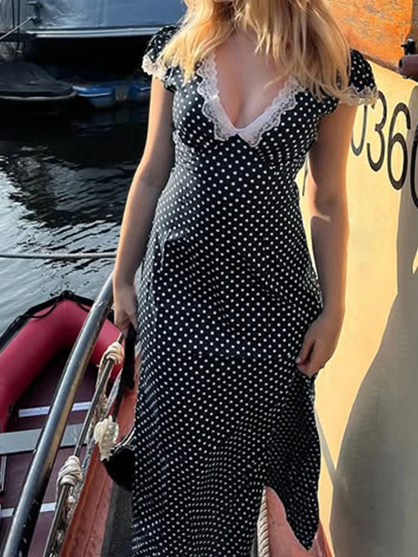 Aiertu  Fashion Dot Print Lace Trim V-Neck Women Elegant Dresses Summer Causal Design Trendy Frocks Aiertu