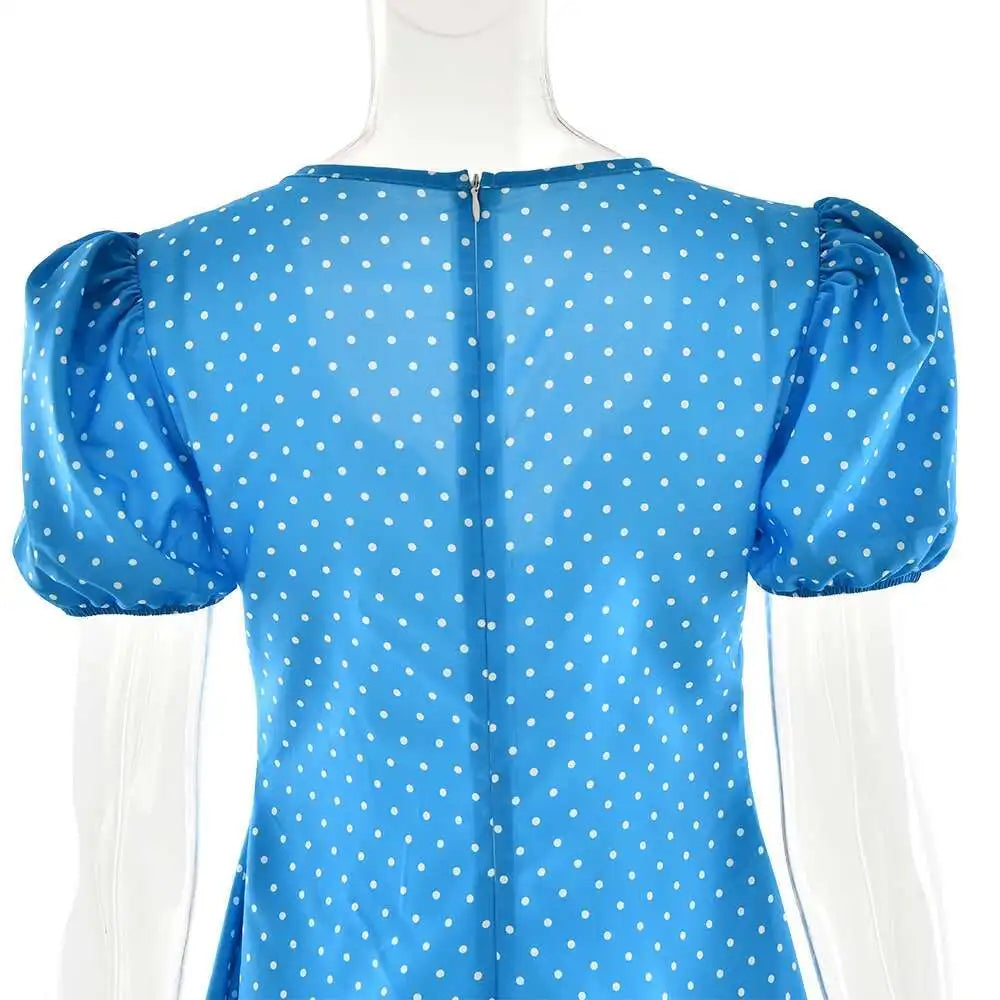 Aiertu  -  Summer New Print Polka Dot Zipper Women Dress Blue Short Sleeve V-neck Bandage Mini Dress Summer Slim Elegant Streetwear Aiertu