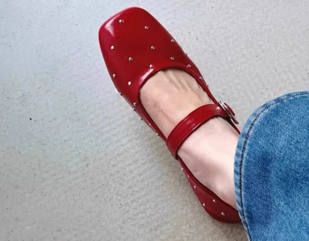 Aiertu  -   Square Toe Red Rivet Mary Jane Shoes Women Elegant Spring Autumn Flats Shoes Ladies Shallow Casual Black Loafers Footwear 2025 Aiertu
